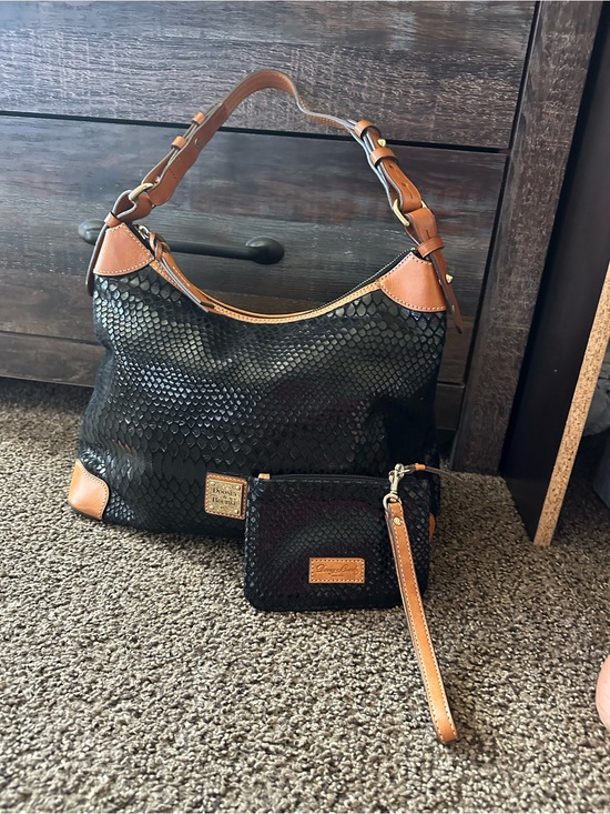 Dooney & Bourke Handbags - Dooney & Bourke Black Textured Hobo with Tan Leather Trim and Wristlet